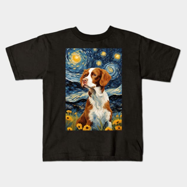 Cute Brittany Spaniel Dog Breed Painting in a Van Gogh Starry Night Art Style Kids T-Shirt by Art-Jiyuu